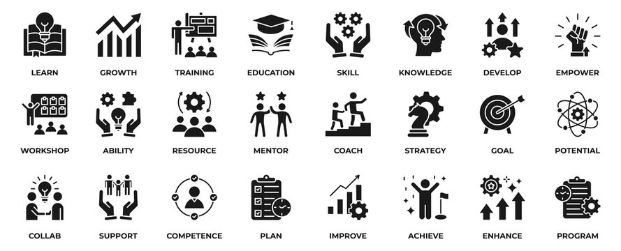 Capacity Building icon collection set. with icon strategy, goal, potential, collaboration, support, competence, improve, achieve, enhance, program  and more. Solid black style vector illustration. 