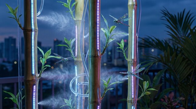 Bamboo hydroponic vertical farming system with glowing nutrient mist and iridescent dragonflies in urban garden