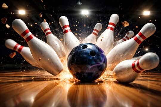 Dramatic bowling strike with black bowling ball crashing through pins on wooden lane