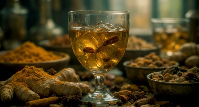 Aromatic golden spiced tea with ginger and turmeric spices