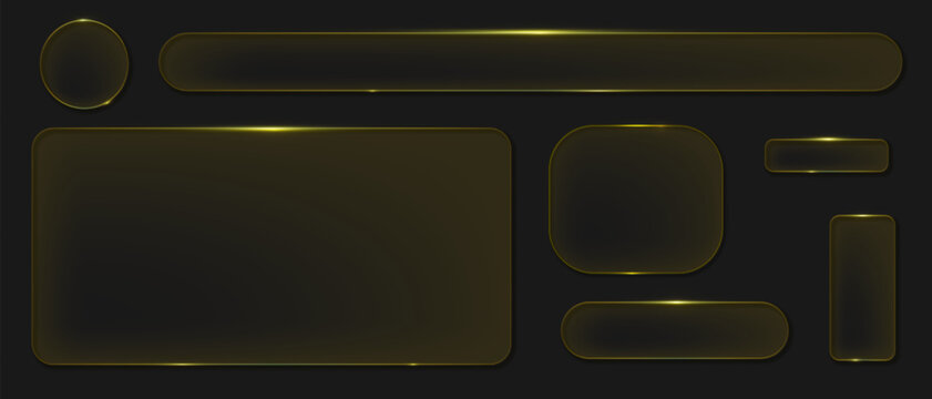 Glass liquid boxes frames golden glass interface buttons, geometric transparent plastic frames for ui ux web design