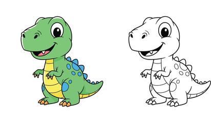 Cute Cartoon Dinosaur Coloring Page for Kids with Colored and Outline Versions, T-Rex Tyrannosaurus Rex Illustration Vector Drawing for Preschool Education Activities and Fun © SHOHAG