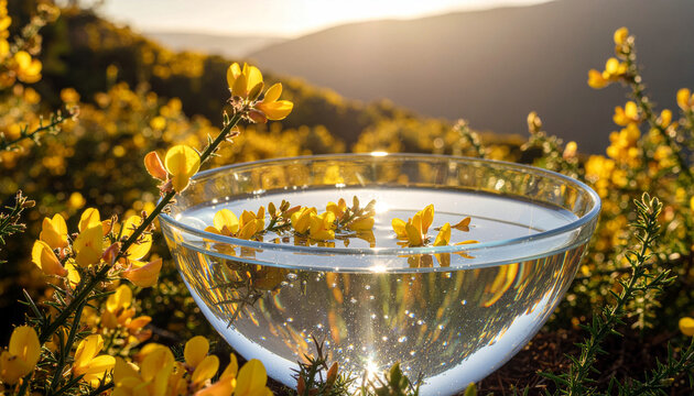 Flower Remedy gorse, Solar Method Bach, glass bowl, flowers with water, air bubbles water, Sun