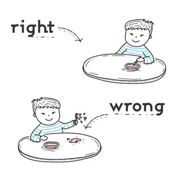 Line drawing of children demonstrating correct and incorrect table manners on transparent background