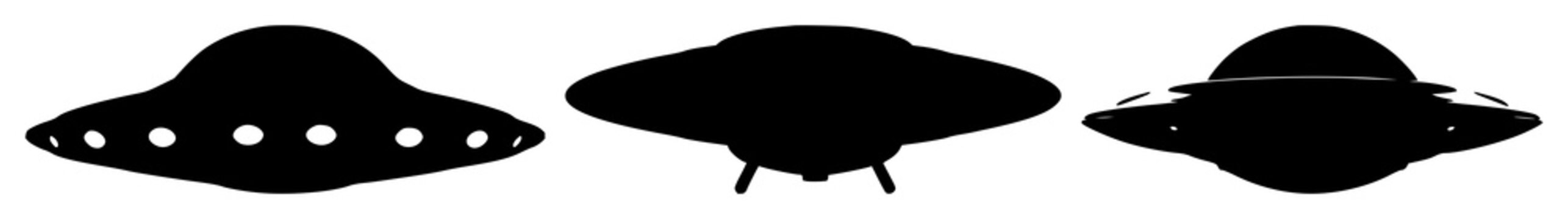 Flying saucer set with black silhouette against white background featuring sci-fi, alien, space exploration with vector illustration and minimalism