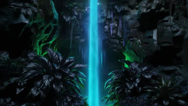 The Cyan Water Veil. Fantasy-Oriented Jungle (Mythical Mood, Subtle Surrealism). Otherworldly. a thin, perfectly vertical waterfall that glows with a faint cyan light from within the water
