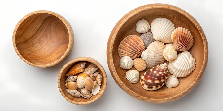 shells on wooden bowl white colour background