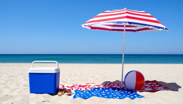 Patriotic beach umbrella with summer accessories