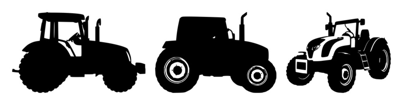 Tractor set with black silhouette on clean white background featuring farming vehicle, agricultural machinery, rural equipment with simple line art and monochrome illustration