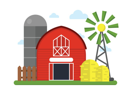Farm scene with red barn and windmill on transparent background