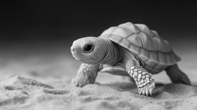 A monochrome image of a turtle on sand, emphasizing its textures and features.