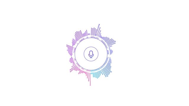 Circular Audio Waveform Voice Visualizer Microphone Interface Design Animation on white background. Voice Input, Recording, And Audio Activity. 