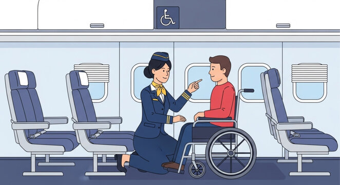 Flight attendant assists passenger in wheelchair on airplane.