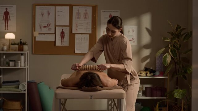 Medium shot of young Caucasian female therapist performing back massage with wooden roller on client lying on table in cozy wellness room, warm lighting highlighting relaxation and body therapy