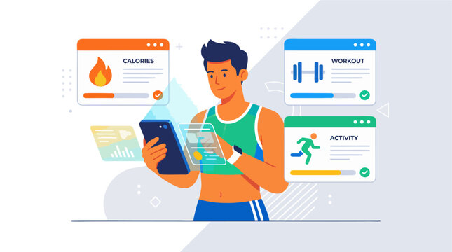 Man checks fitness app on phone with calorie and activity screens