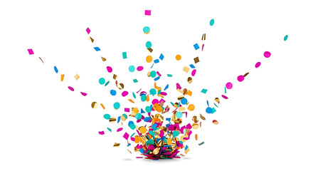 Fototapeta premium A vibrant explosion of colorful confetti and balloons in mid-air against a white background
