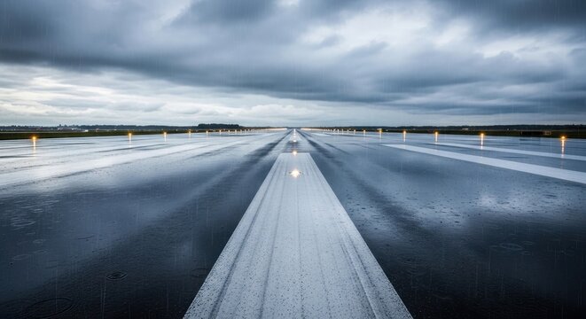 Wet airport runway under cloudy sky with rain falling on tarmac at twilight.