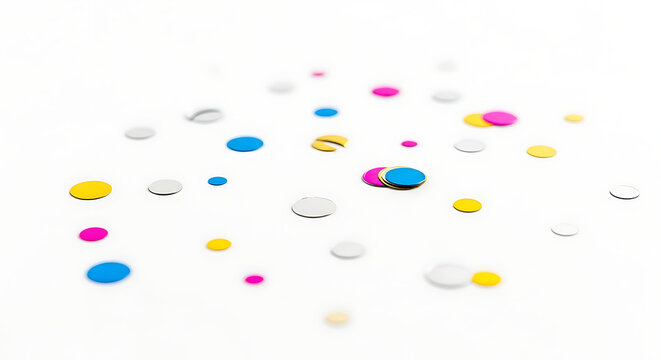 A colorful arrangement of small, round confetti pieces scattered on a white background