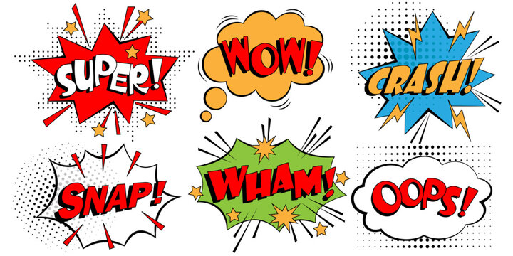 set of clouds with text and emotional interjections. bright pin art elements for comic-style messages. stock vector illustration. EPS 10.