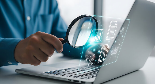 Professional hand holding a magnifying glass over virtual digital document and chart icons on a laptop for business auditing data analysis and forensic investigation