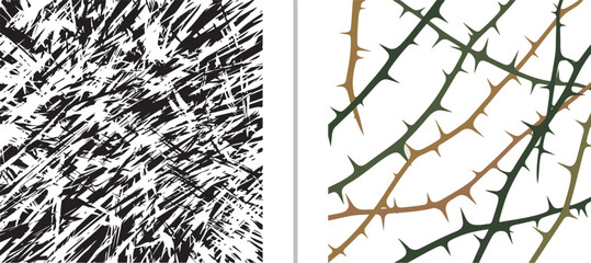 Abstract black and white grunge texture and thorny vine vector illustration set isolated on white background © reza