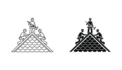 Team of roofers installing shingles on house roof icon set for construction and home repair services in minimalist line art and bold silhouette vector illustration for contractor branding © Echo