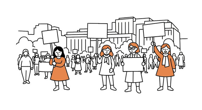 Women protesting with blank signs in city square vector illustration
