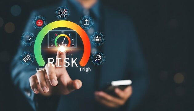 Professional evaluating business risk level using digital gauge indicator from low to high. Concept of risk management, financial analysis, strategic decision making, corporate assessment.