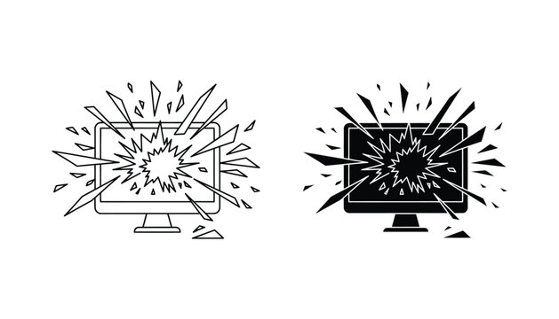 Shattered computer screen icon set with explosive glass fragments depicting digital crash or hardware malfunction in high contrast black and white vector illustration for tech support design