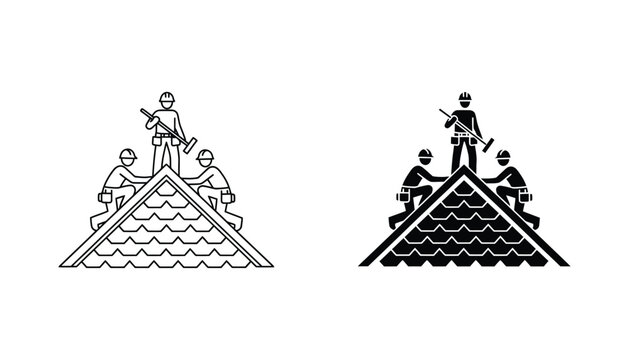 Team of roofers installing shingles on house roof icon set for construction and home repair services in minimalist line art and bold silhouette vector illustration for contractor branding