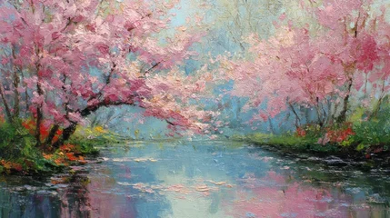 Fototapete Reflection sunlit Japanese garden with blooming cherry trees reflected in a quiet pond  © Natem