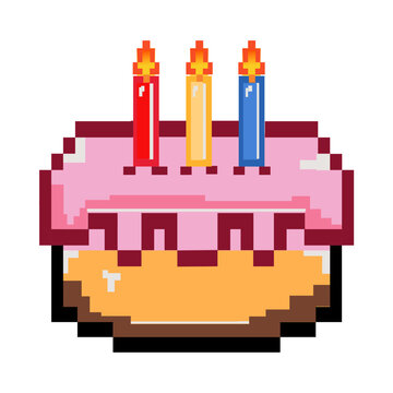 Colorful pixel art of birthday themed icon birthday cake with candle and flame. Retro 8-bit vector graphic design	