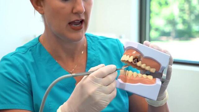 Dentist examining teeth model with tool.