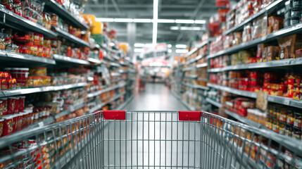 Naklejka premium A shopping cart in a grocery store aisle with shelves stocked with various products and food items on both sides