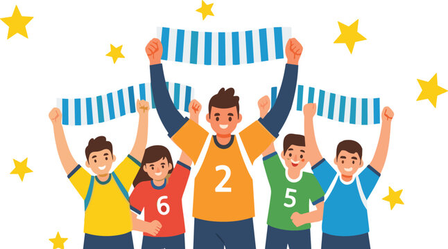 Happy sports fans cheering with scarves and team jerseys, celebration and victory concept in flat vector style for football supporters, teamwork, and championship event design