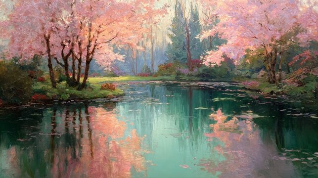 sunlit Japanese garden with blooming cherry trees reflected in a quiet pond