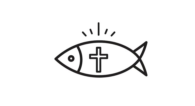 Christian Ichthus Fish Symbol with Cross Outline and Light Rays