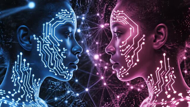 Two faces with circuit patterns ideal for sleek commercial backgrounds and title sequences