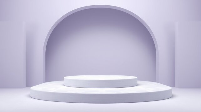 Minimalist stage design. Soft lighting highlights circular platforms within arched alcove. Clean aesthetic, perfect backdrop.