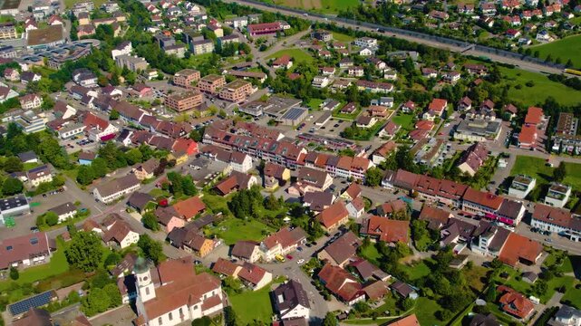 Aerial view around the city Frick in Switzerland on a overcast day in summer.