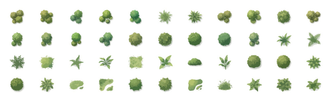 Top view tree vector set, 44 architectural landscape plan symbols, green garden plant icons for site mapping and urban design visualization