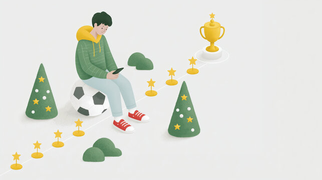 Focused boy sitting on soccer ball holding smartphone looking at gamified screen next to path of coins leading to winner trophy and green tree, gamification concept.
