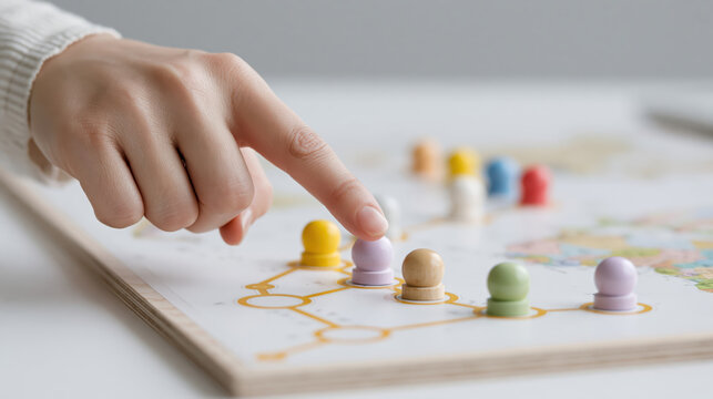 Person showing focused emotion while hand and finger point to colorful wooden board game piece on map planning strategy in play