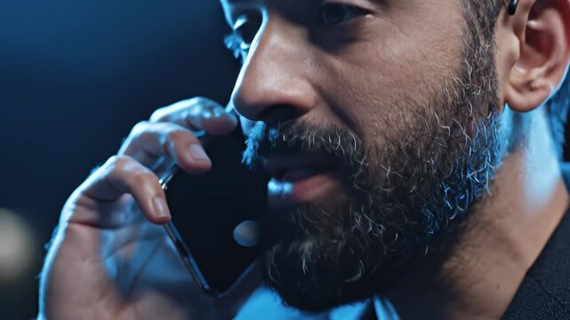 Man with beard talking on phone perfect for IT presentations and tech marketing