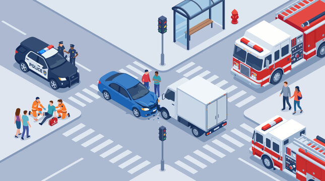 A dramatic traffic accident scene unfolds with police, fire trucks, and medical teams responding, capturing the urgency and teamwork in emergency situations amid a busy intersection.
