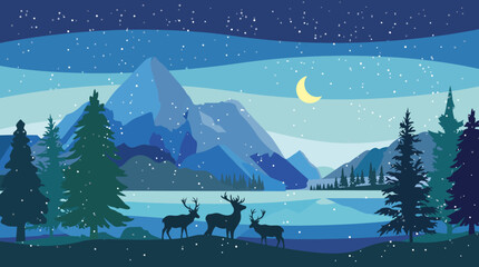 A captivating winter landscape under the moonlight showcasing reindeer and snow-covered mountains, representing the beauty of nature, serenity, and wildlife in a magical snowy setting. © Zejun