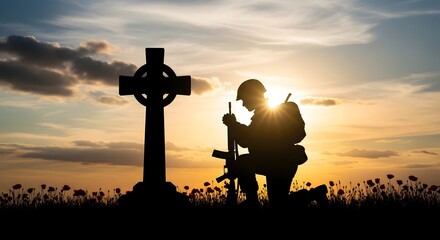 Solemn memorial day remembrance silhouette of soldier at celtic cross grave