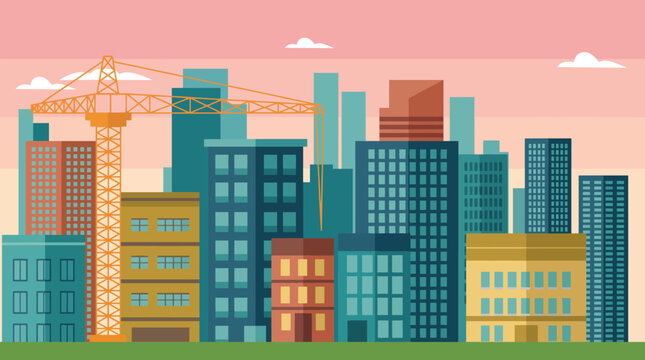 A colorful urban skyline illustration showcasing modern skyscrapers and a construction crane, representing growth, development, and the vibrant energy of city life at sunset.