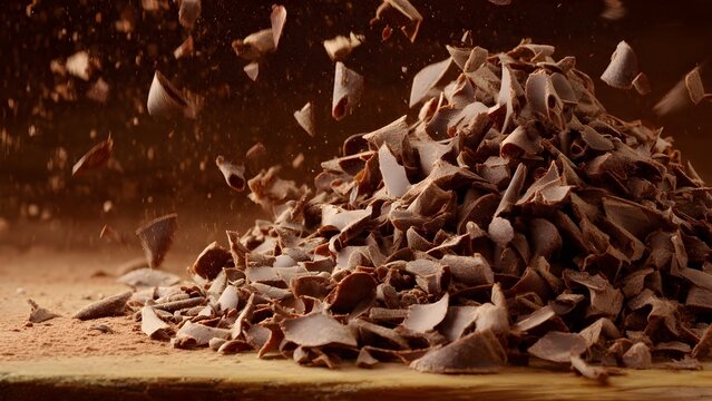 Top view of artisanal dark chocolate shavings and broken chunks