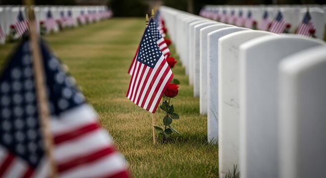 Solemn memorial day remembrance american flags and white tombstones at arlington cemetery
